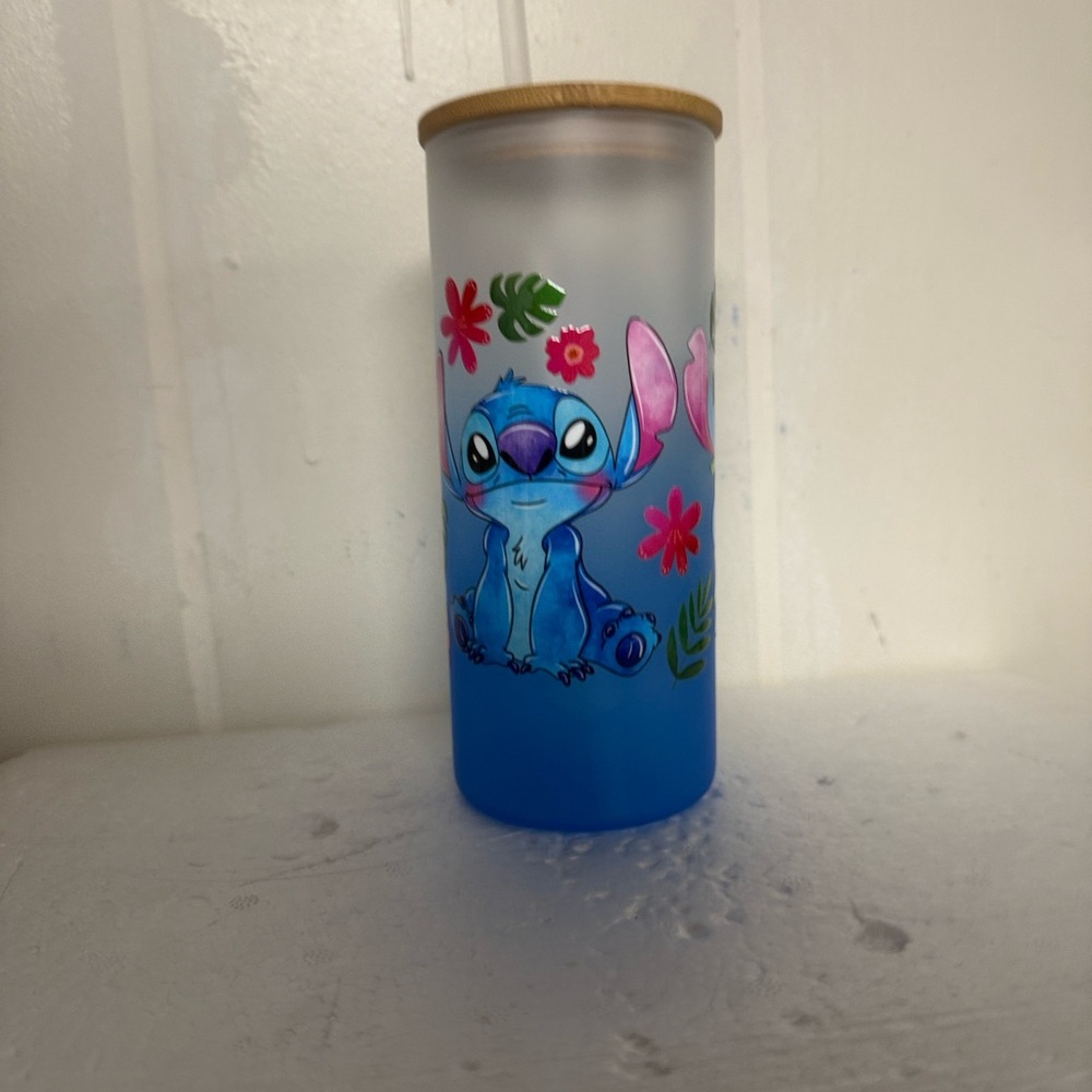Blue Stitch Glass Tumbler with Bamboo Lid
